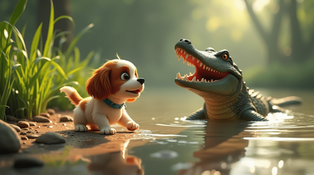 un perro en el río junto a un cocodrilo con la boca abierta