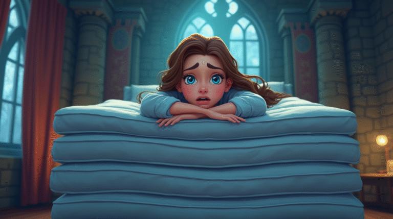 Princesa sobre muchos colchones sin poder dormir, inspirada en el cuento La princesa y el guisante.
