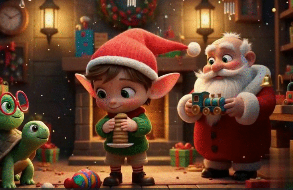 Un pequeño elfo navideño ayuda a Papa NOel