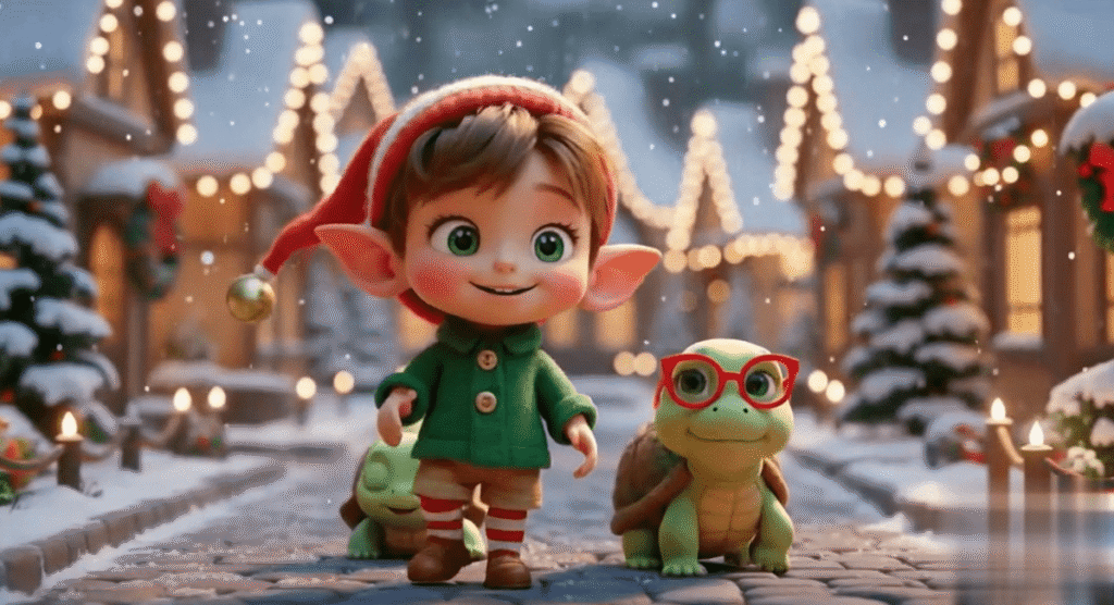 el elfo de navidad pasea con sus amigos